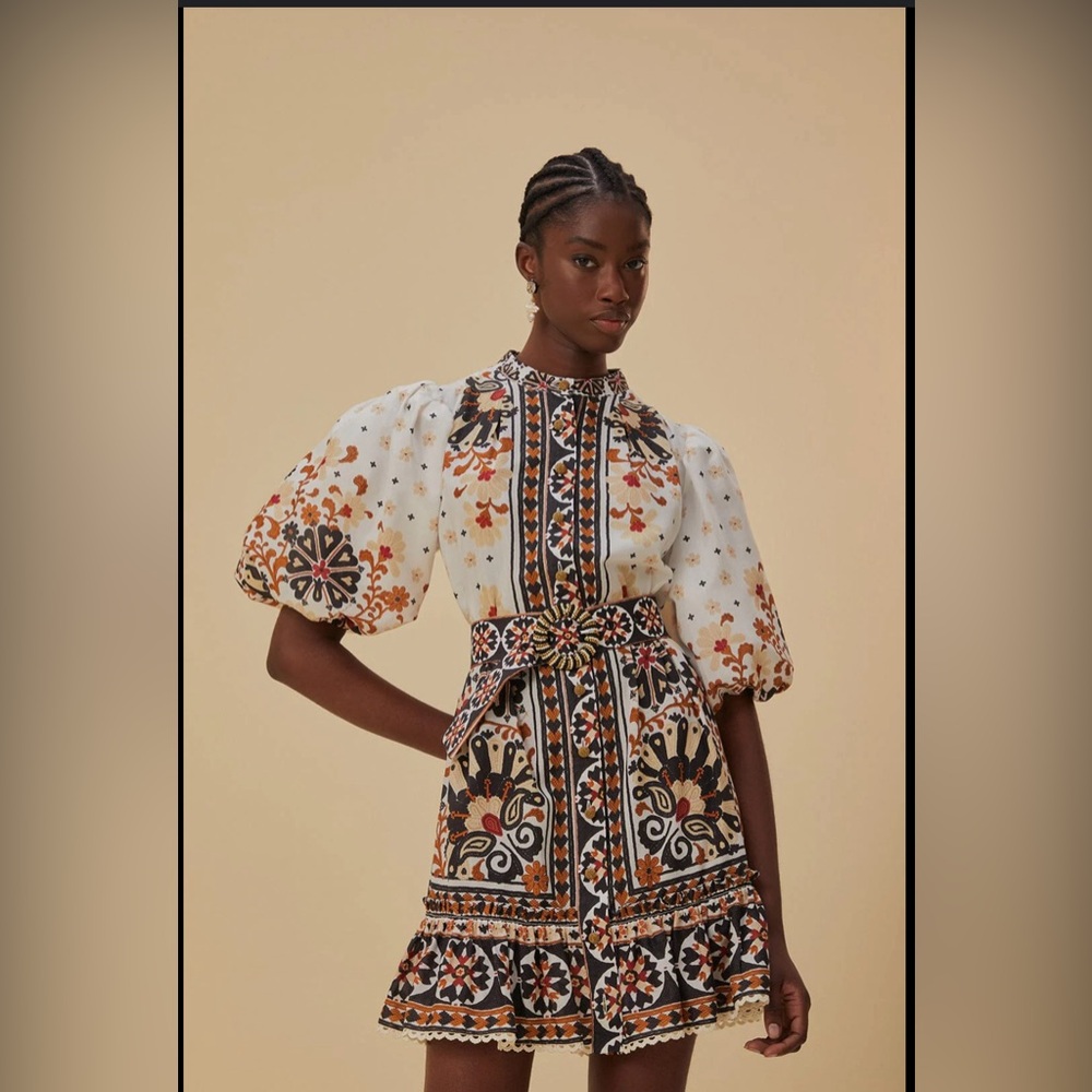 Flower Fan Tapestry Print Puff Sleeve Belted Mini Shirtdress in Off-White